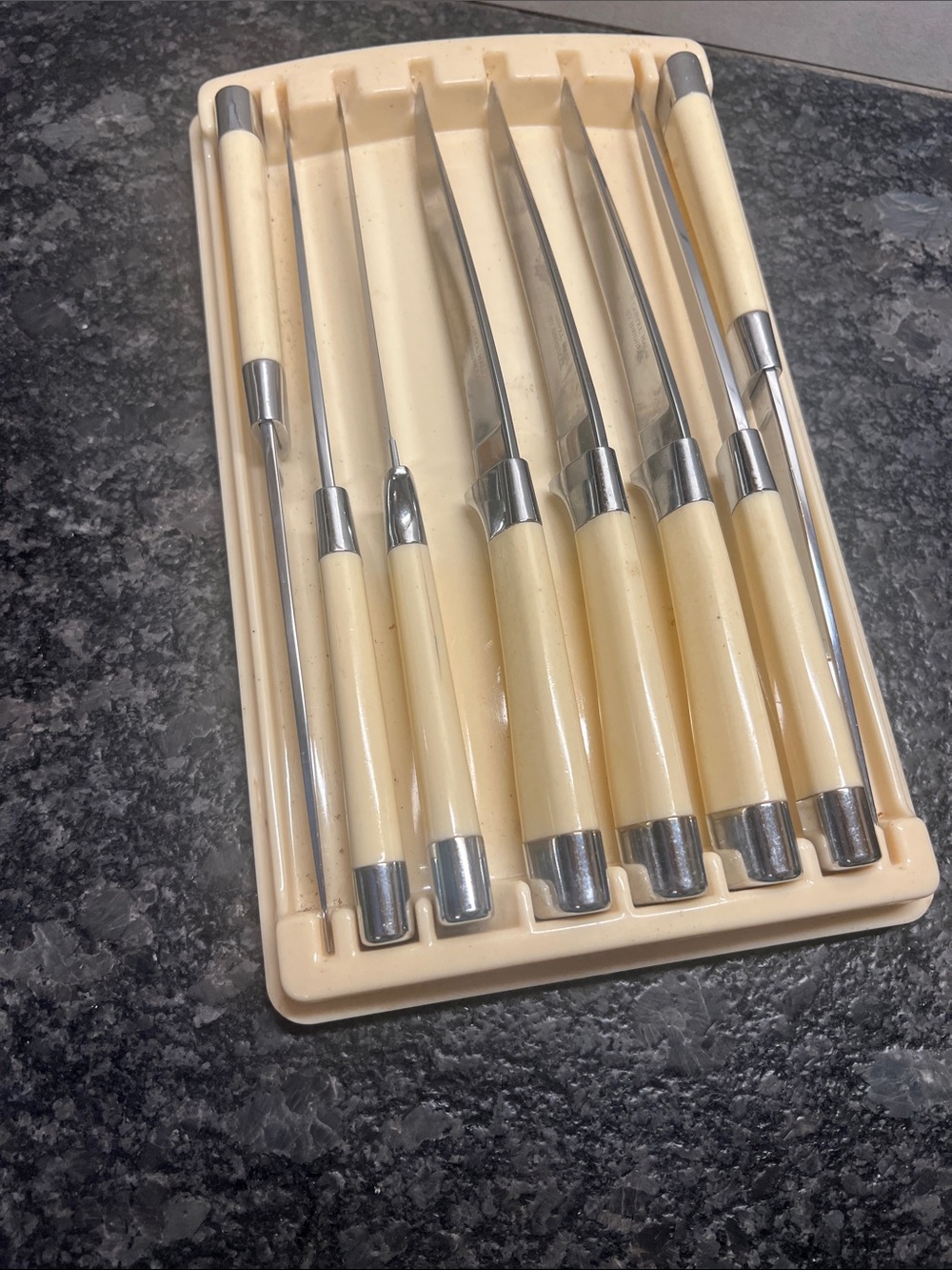 Vintage set 8 Ivory & Chrome Steak knife Set with Tray - Carvel Hall by Briddell